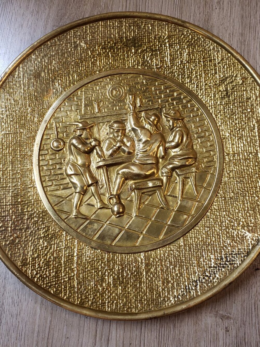 Vintage Embossed Brass Wall Plate 'Drunken Men in Tavern'
